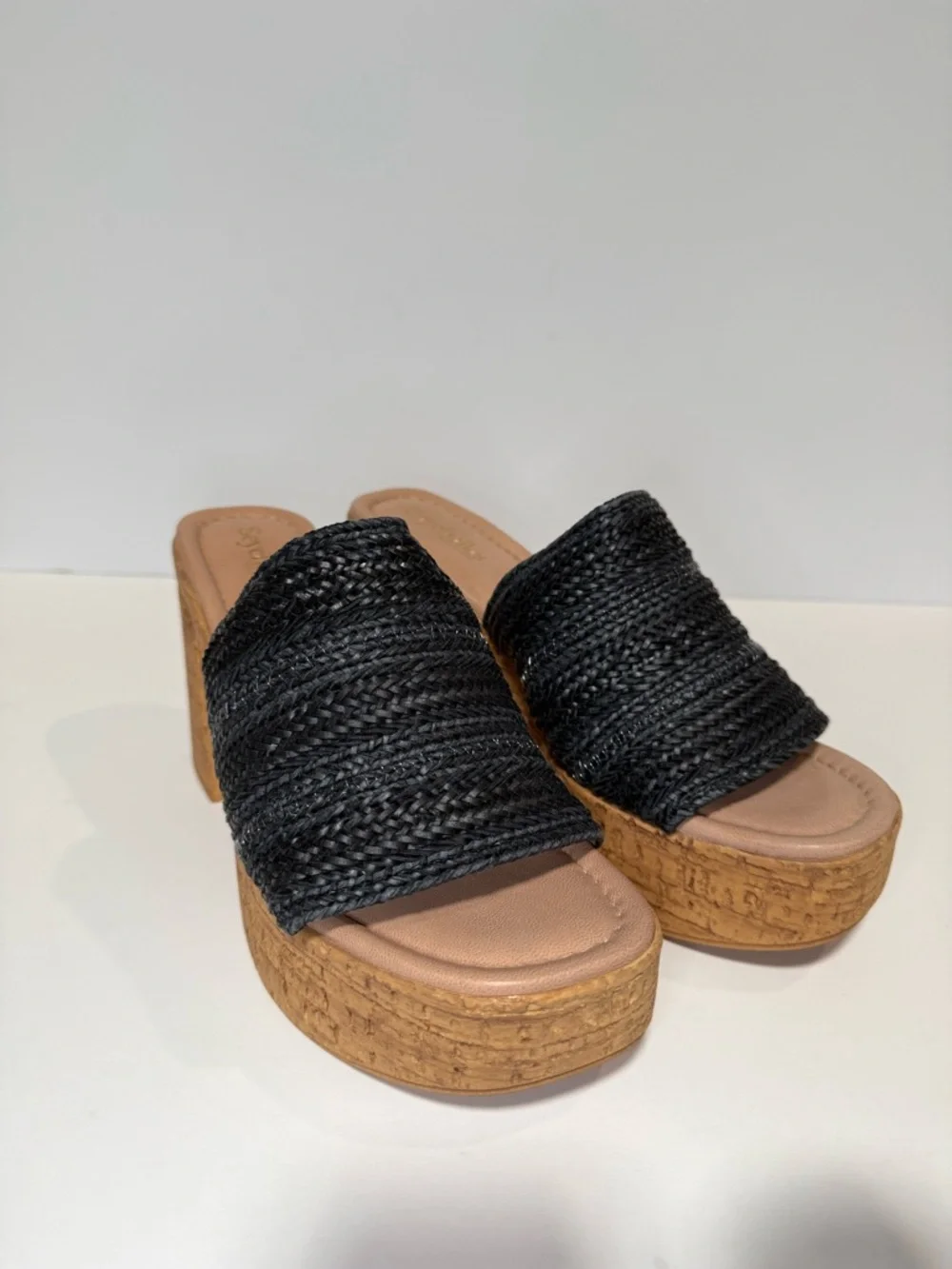 Seychelles Black Woven Cork Platform Mules